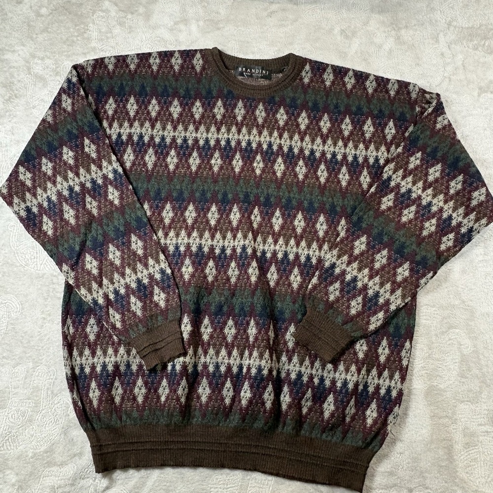 Brandini Sweater Mens XXL 100% Merino Wool Argyle Geometric New Wool Italy‎